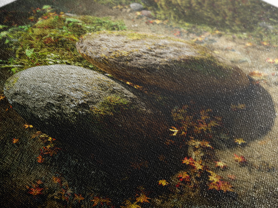Mossy Stream Stones Nature Wall Art, Framed Canvas Print, Zen Spa Decor, Calming Landscape Art For Living Room And Office