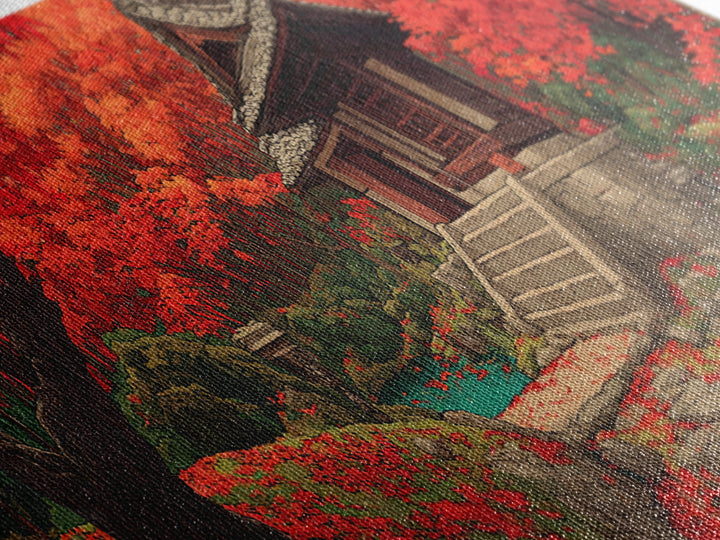 Red Maple Temple And Teal Pond Wall Art, Japanese Landscape, Autumn Forest Decor, Zen Home Decor, Panoramic Canvas Print
