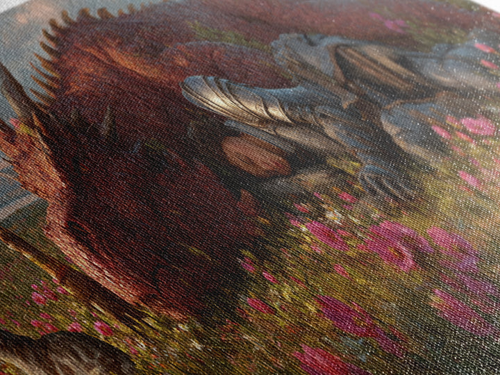 Sleeping Knight With Red Dragon In Flower Meadow Wall Art, Whimsical Fantasy Canvas Print, Nursery Decor Gift For Her And Kids