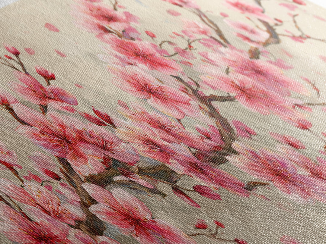 Pink Cherry Blossom Branch Canvas Print, Japanese Spring Wall Art, Botanical Floral Decor, Above Bed Panoramic Artwork Gift
