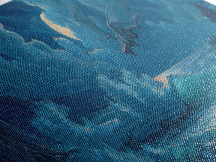 Moonlit Ocean Dragon Above Crashing Waves Canvas Print, Fantasy Wall Art, Nautical Decor, Blue Coastal Seascape Print Gift