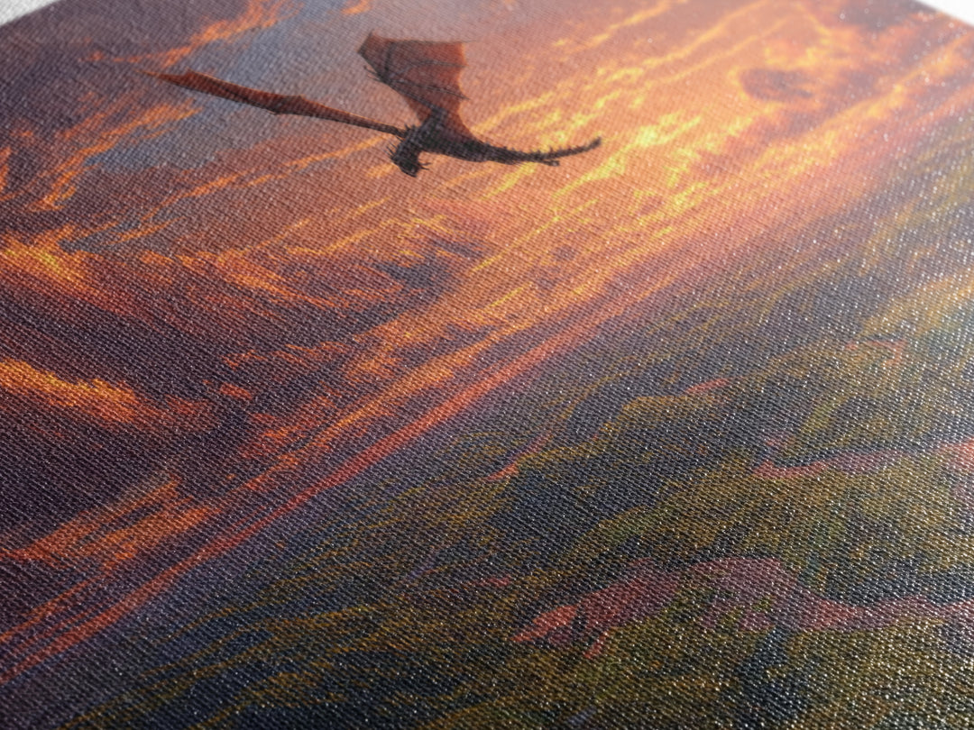 Sunset Dragon Flight Over River Valley Canvas Print, Fantasy Landscape Wall Art, Colorful Nature Art, Living Room Decor Gift