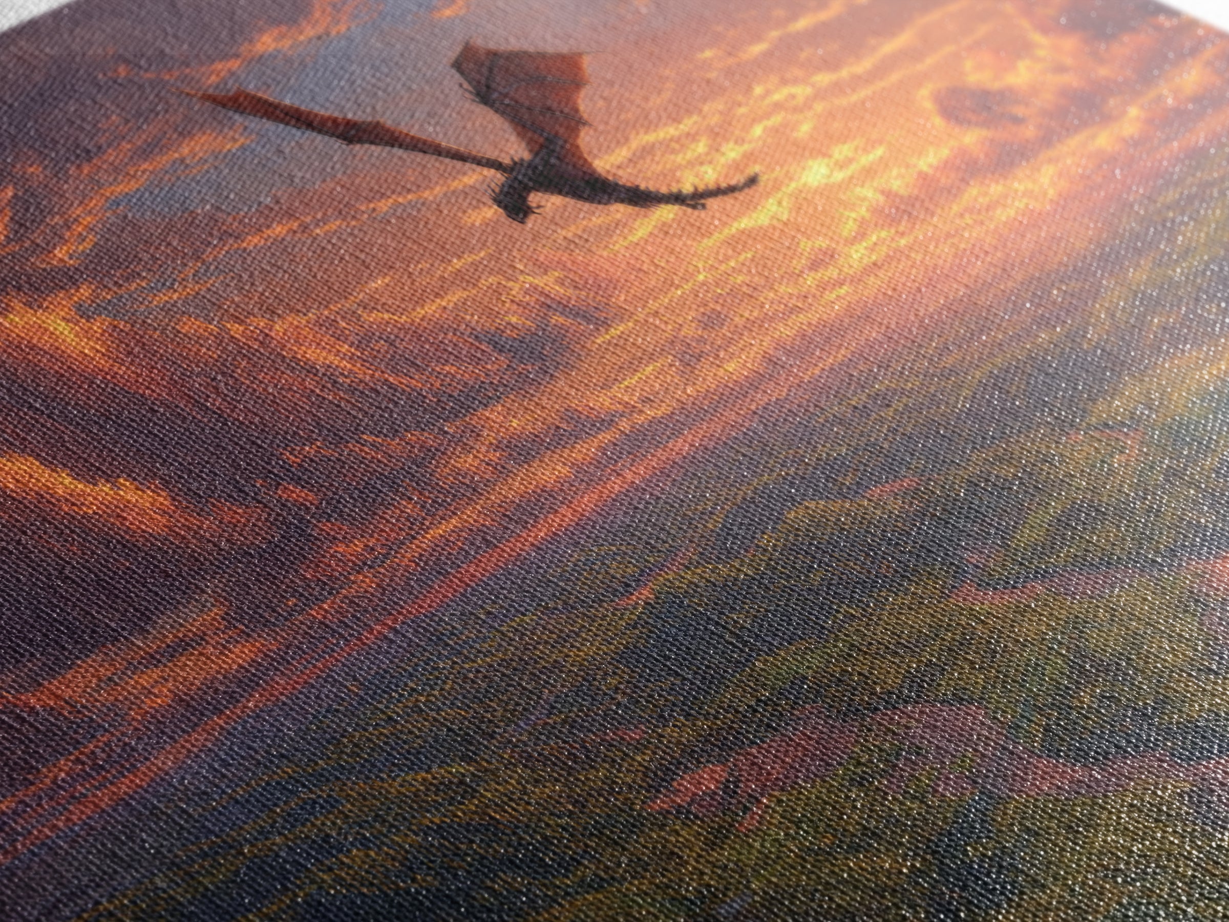 Sunset Dragon Flight Over River Valley Canvas Print, Fantasy Landscape Wall Art, Colorful Nature Art, Living Room Decor Gift