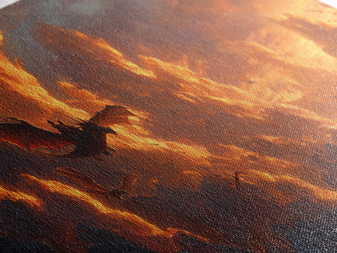 Golden Storm Clouds With Soaring Dragons Canvas Print, Fantasy Wall Art, Sunset Sky Decor, Epic Landscape Art Print, Living Room Decor