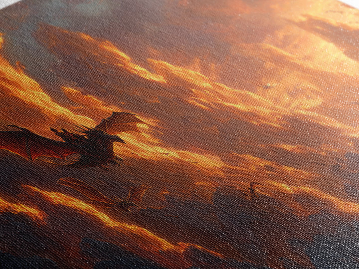 Golden Storm Clouds With Soaring Dragons Canvas Print, Fantasy Wall Art, Sunset Sky Decor, Epic Landscape Art Print, Living Room Decor