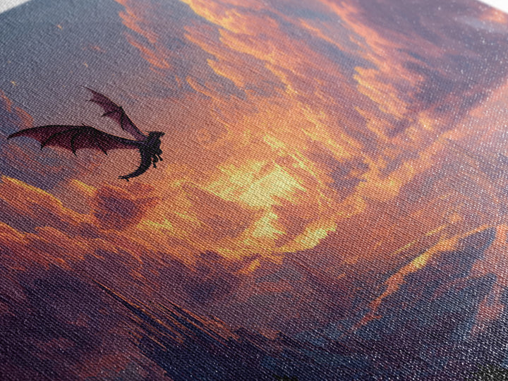 Pastel Dragon Over Cloud Castles At Sunset Canvas Print, Fantasy Landscape Wall Art, Whimsical Decor, Dreamy Nursery Art