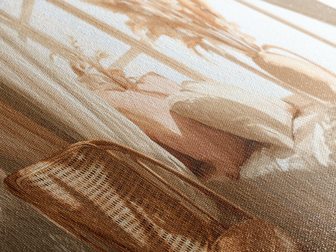 Sunlit Boho Bedroom With Pampas Grass Wall Art, Warm Neutral Above Bed Decor, Cozy Home Decor, Large Horizontal Canvas Print
