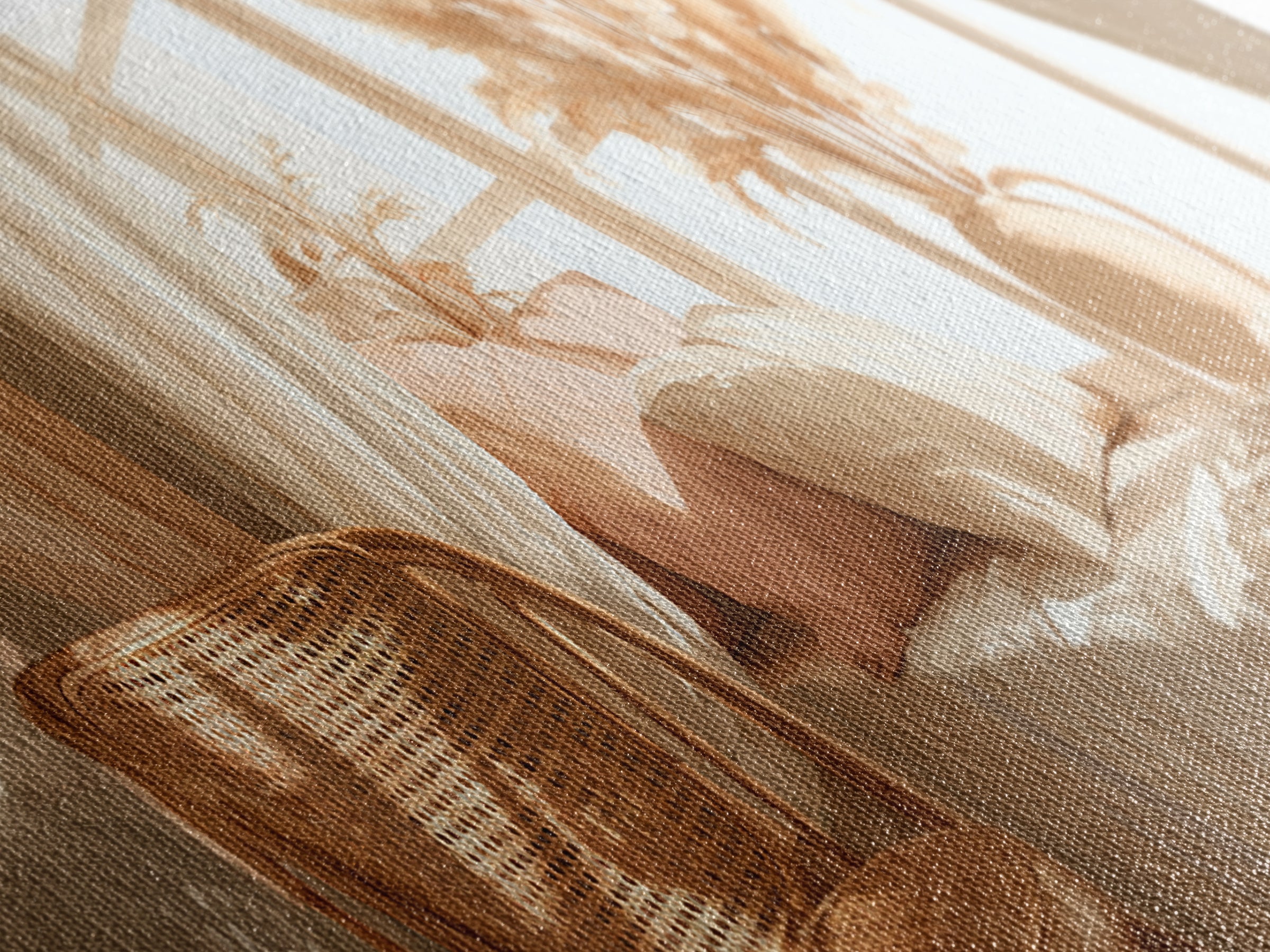 Sunlit Boho Bedroom With Pampas Grass Wall Art, Warm Neutral Above Bed Decor, Cozy Home Decor, Large Horizontal Canvas Print