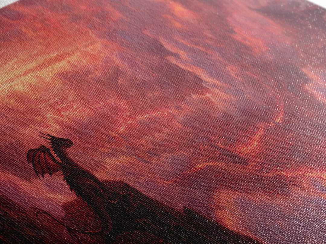 Red Dragon On Volcanic Cliff Wall Art, Dark Fantasy Landscape Canvas Print, Gothic Decor, Moody Panoramic Art Gift For Him