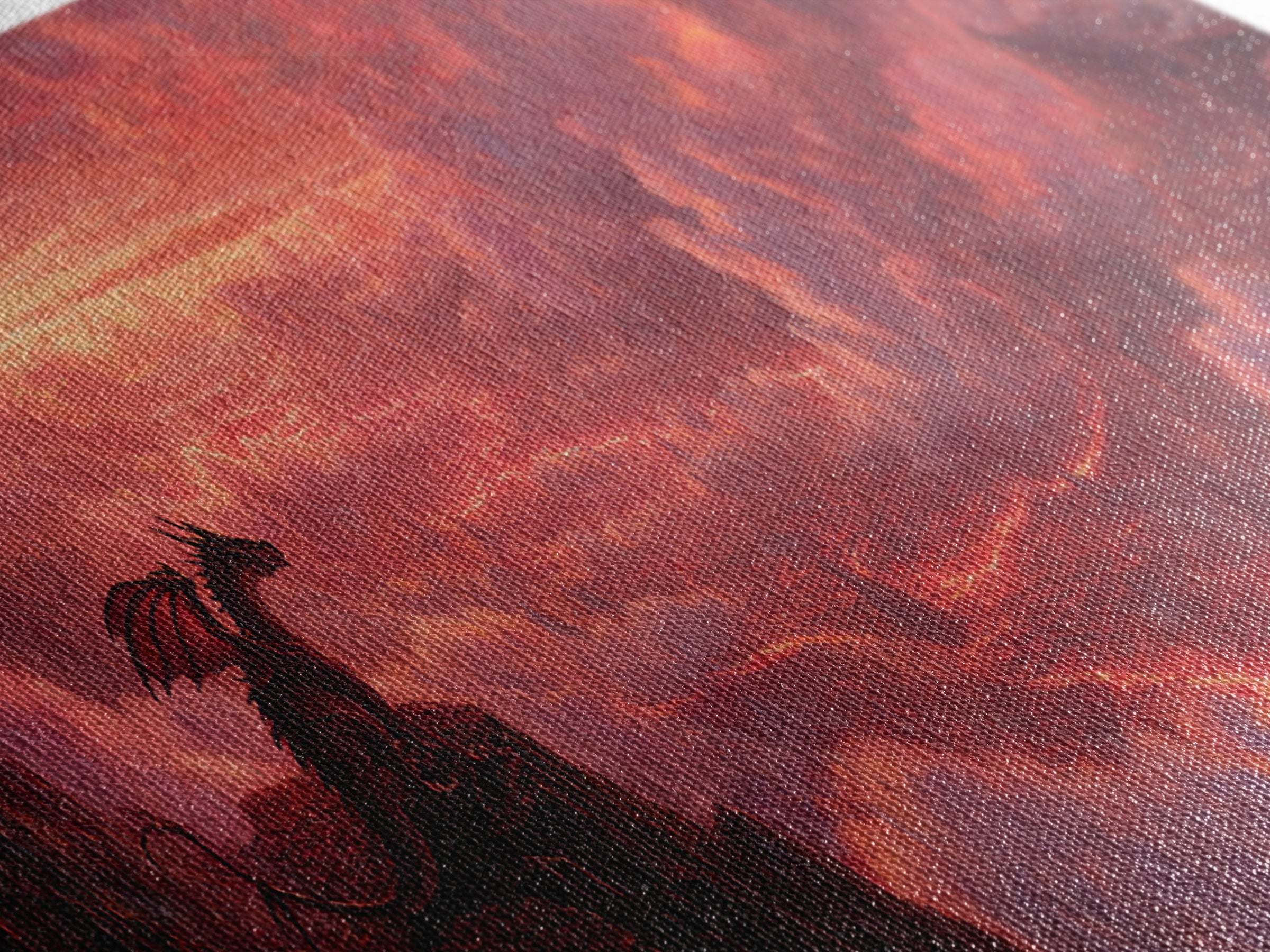 Red Dragon On Volcanic Cliff Wall Art, Dark Fantasy Landscape Canvas Print, Gothic Decor, Moody Panoramic Art Gift For Him