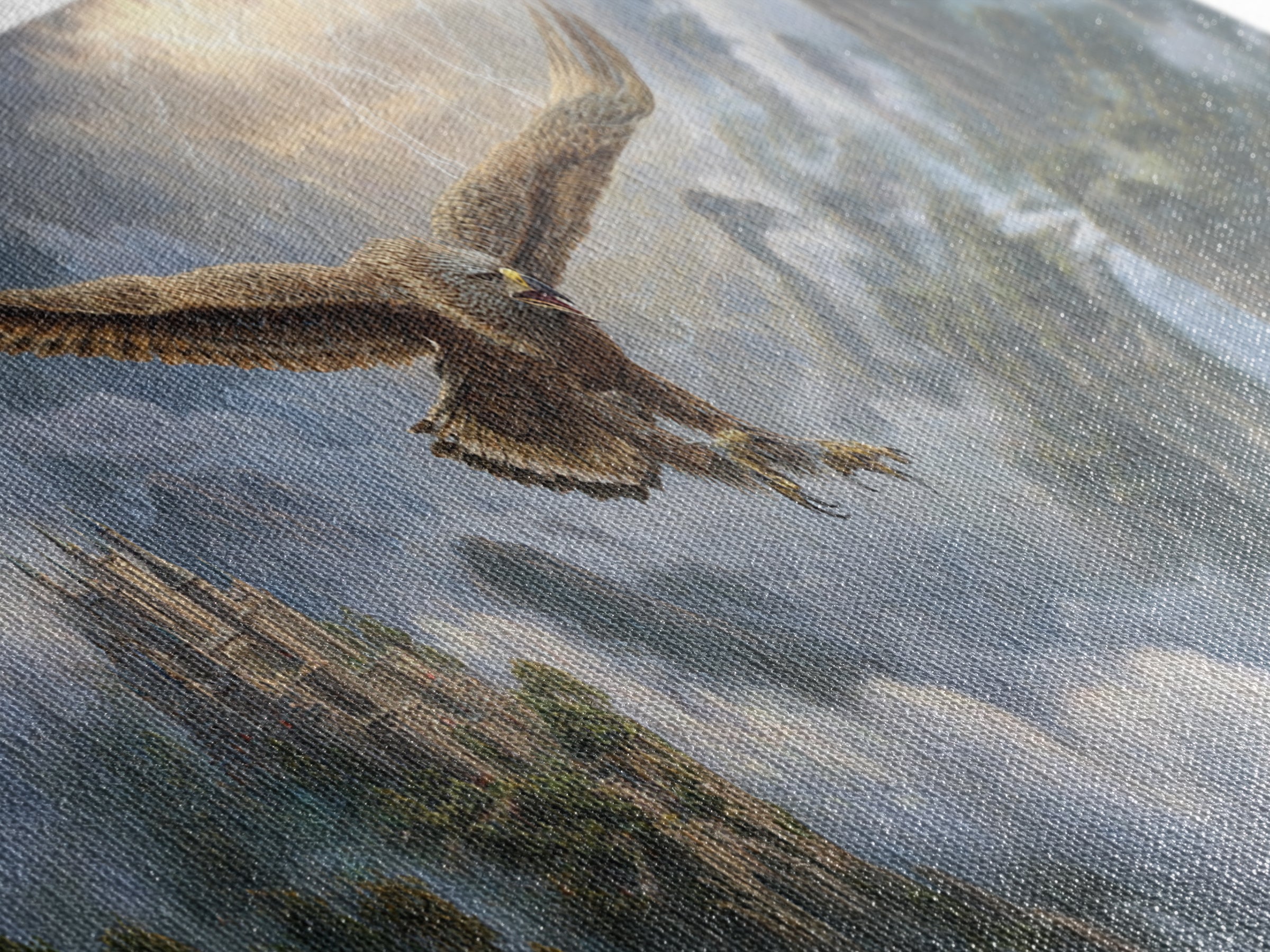 Soaring Eagle Over Misty Castle Mountains Framed Canvas Print, Fantasy Landscape Wall Art, Stormy Medieval Home Decor Gift