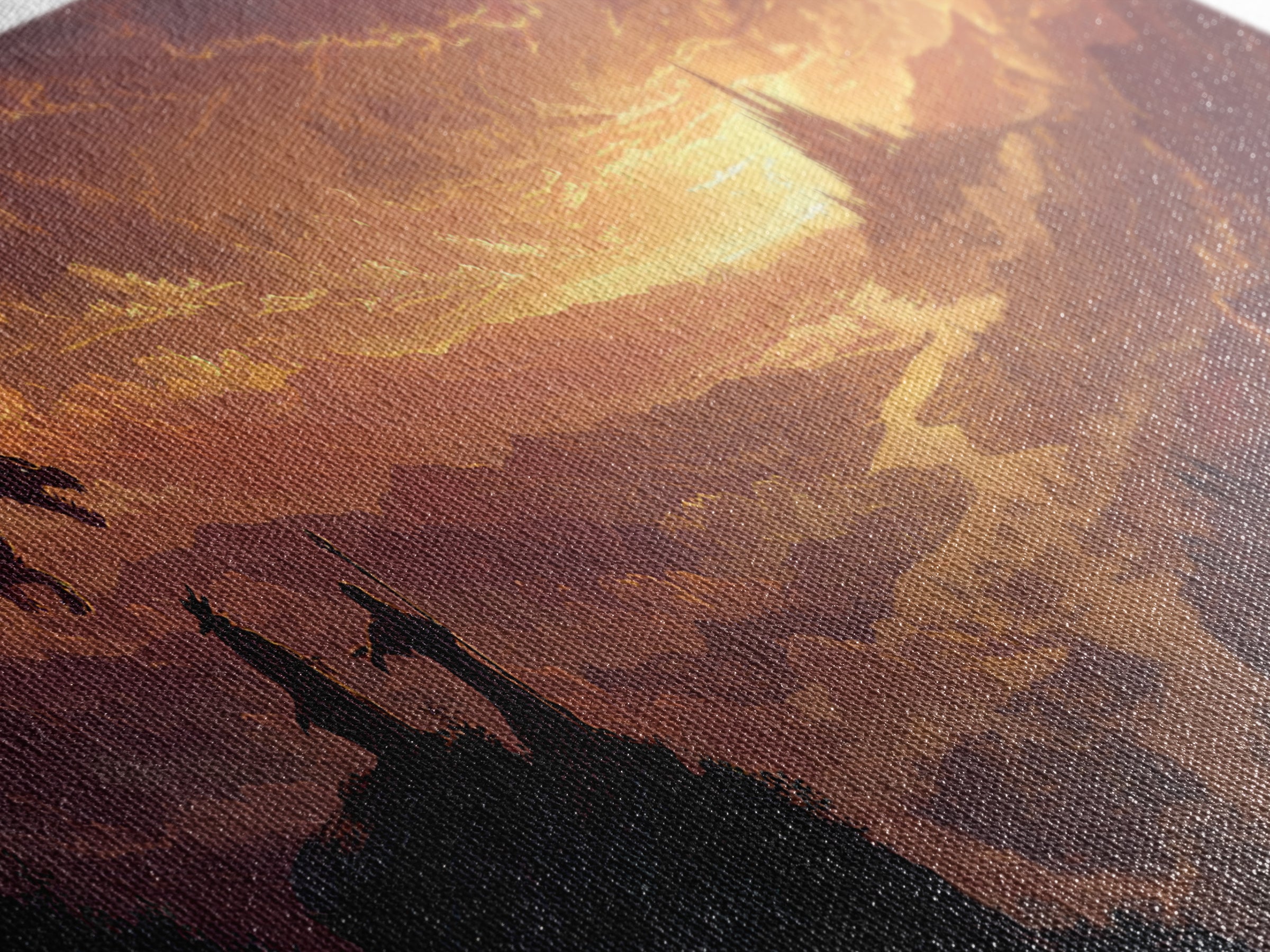 Sunset Dragon Watchers Above Golden Valley Canvas Print, Fantasy Landscape Wall Art, Medieval Castle Home Decor Gift For Him