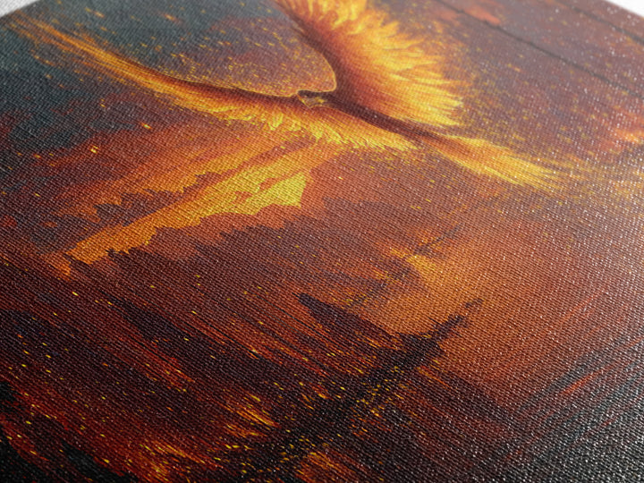 Fiery Phoenix Rising Over Burning Lake Framed Canvas Print, Fantasy Bird Wall Art, Large Vibrant Nature Home Decor Gift For Her