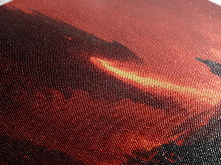 Dramatic Canvas Print Depicting Brave Knight Facing Ferocious Fire Breathing Dragon In Fiery Red Landscape Epic Fantasy Wall Art For Home And Office Decor