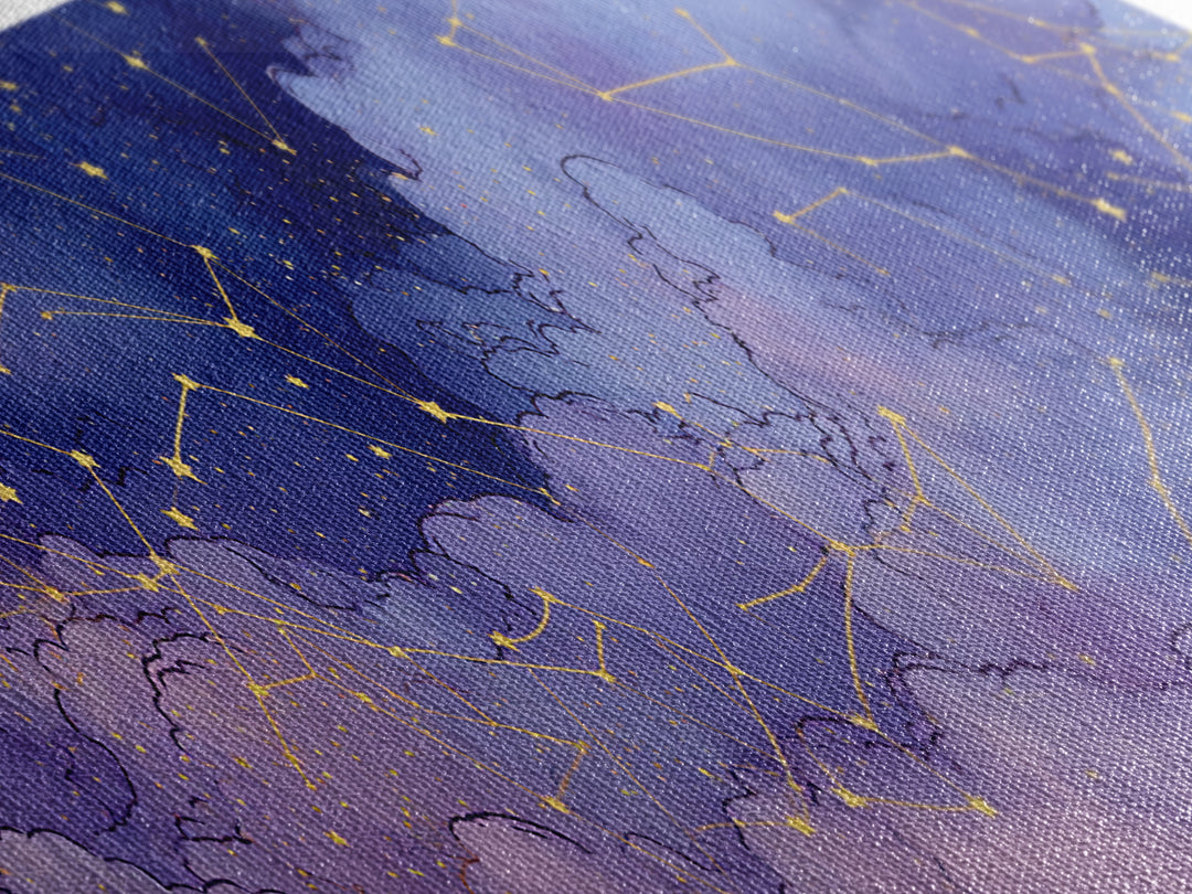 Purple Night Sky With Gold Constellations Wall Art, Celestial Wall Decor, Astronomy Art Print, Large Horizontal Canvas Print