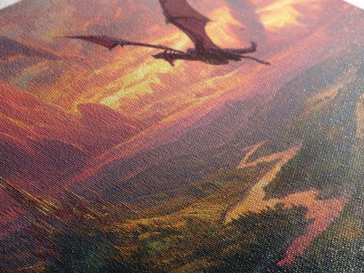 Epic Fantasy Landscape Painting Of A Castle On Hill With A Flying Dragon Under Dramatic Sunset Skies Wall Art