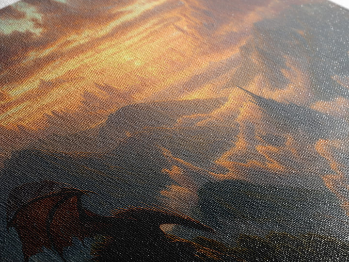 Epic Fantasy Scene With Dragon Flying Over Mountain Landscape At Sunset Large Wall Art Canvas Print For Bedroom Decor