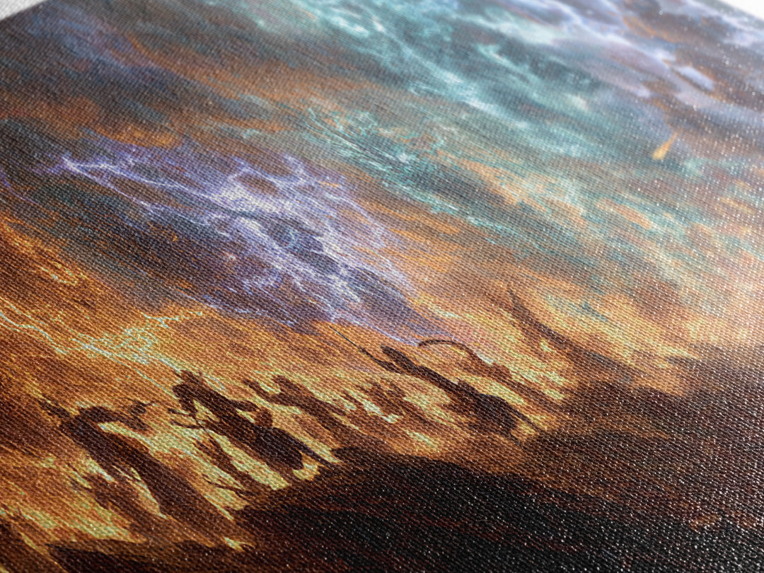 Dynamic Battle Scene Lightning Storm Fantasy Epic War Painting Wall Art Canvas Print For Mythical Home Decor And Unique Art Lovers