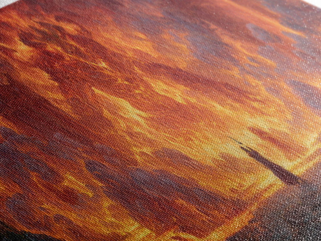 Fire Elemental Giant Facing Brave Warrior In Fiery Landscape Canvas Print Bold Large Wall Art For Dramatic Home Decor