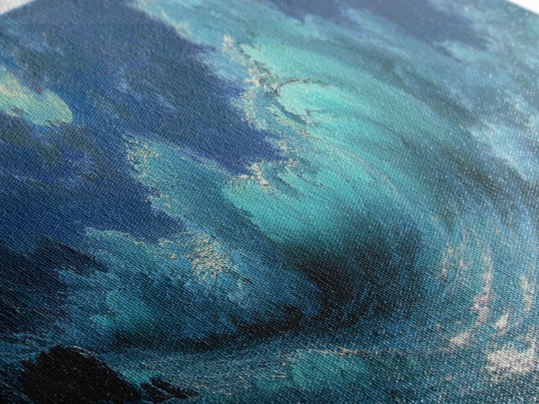 Wave Crash Under Moonlight Oil Painting Wall Art Moody Seascape Canvas Print For Coastal Living Room Decor