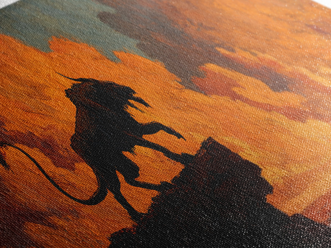 Dramatic Black Panther Silhouette Against Fiery Sunset Sky Landscape Canvas Print For Unique Wall Art Decor