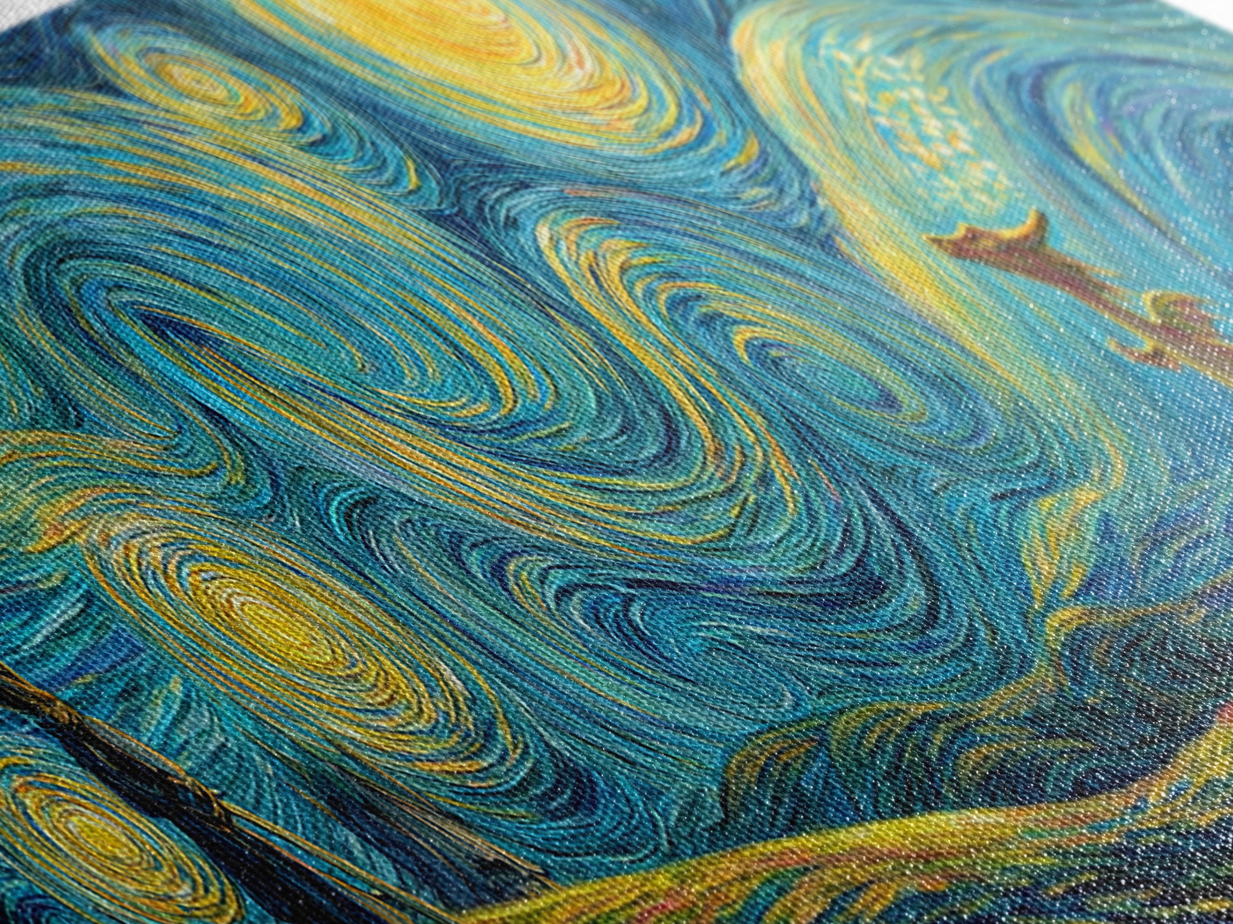 Whimsical Starry Night Inspired Canvas Print With Playful Dragon And Knight In Vibrant Blues And Yellows Unique Wall Art For Kids Room And Fantasy Decor