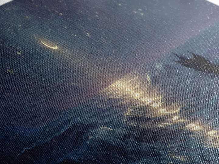Serene Night Ocean Scene With Boat And Crescent Moon Under Starry Sky Wall Art Modern Coastal Decor Canvas Print