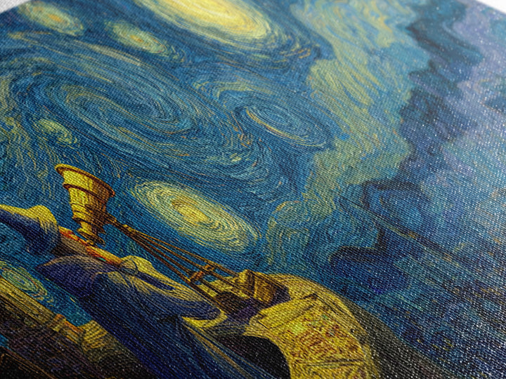 Starry Night Sky Over Town With Wizard And Telescope Classic Van Gogh Style Wall Art Framed Canvas Print