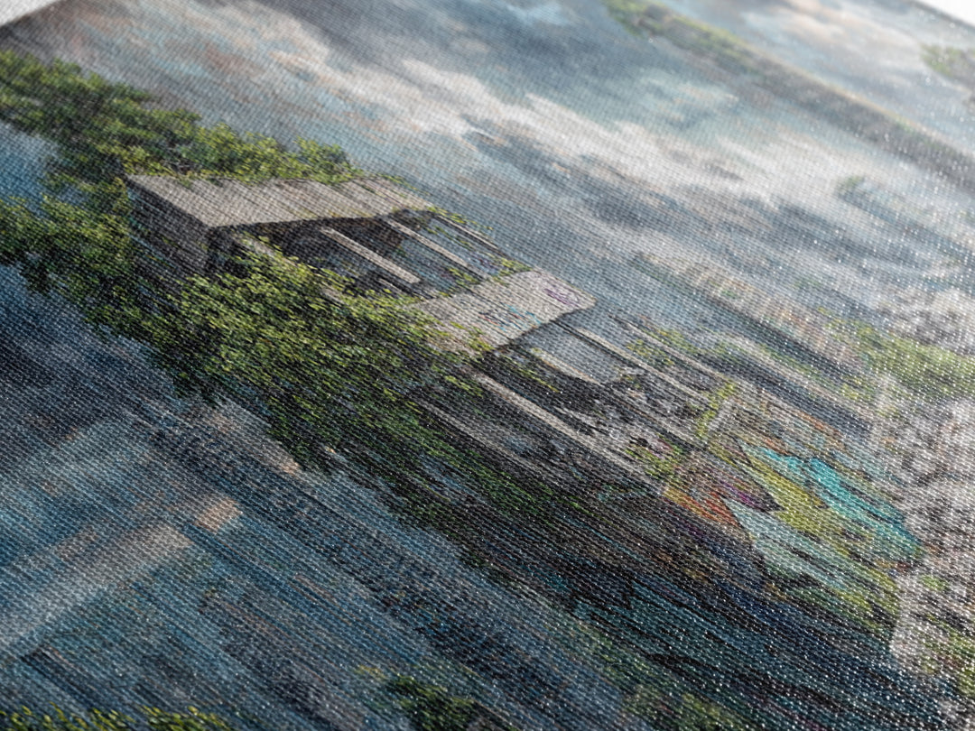 Overgrown Ruined City Under Storm Clouds Canvas Print, Post Apocalyptic Wall Art, Futuristic Urban Landscape, Sci Fi Decor