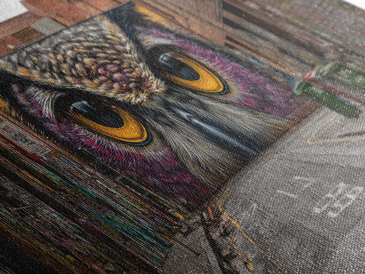 Hyperrealistic Street Mural of Intense Owl Eyes Graffiti Urban Wall Art Framed Canvas Print Bold Contemporary Art for Living Room Decor