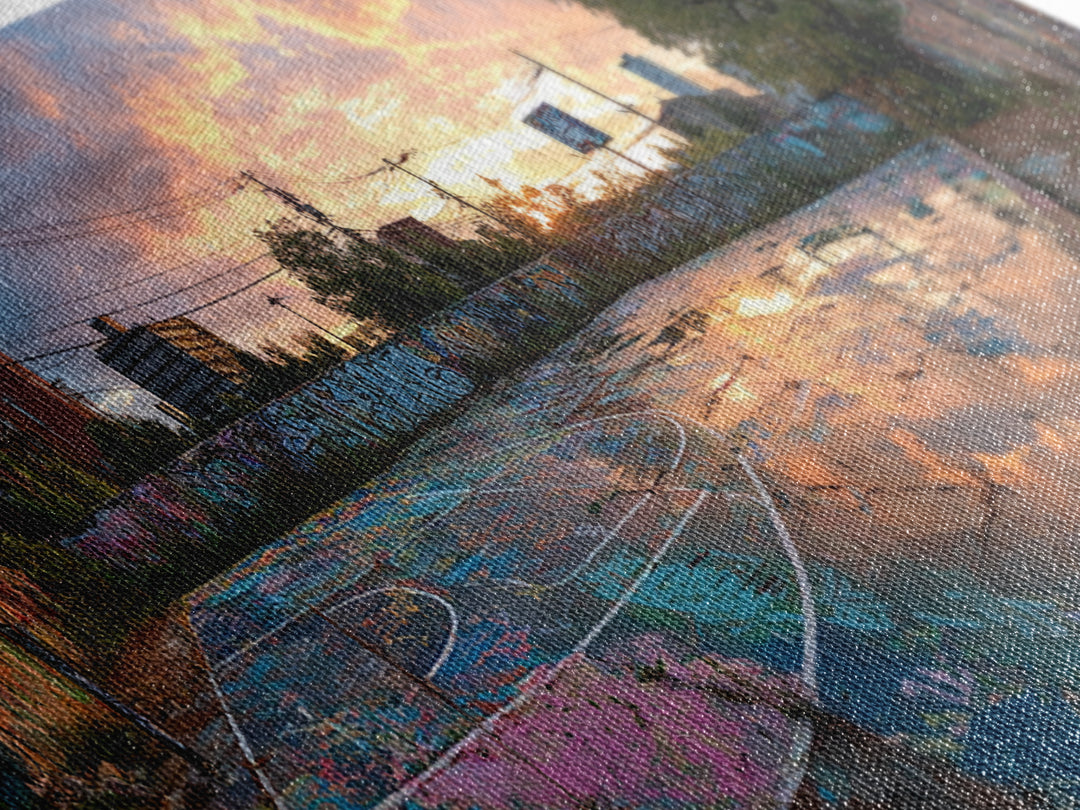 Graffiti Covered Abandoned Outdoor Basketball Court At Sunset, Urban Street Art Wall Decor Canvas Print For Modern Living Room And Wall Art