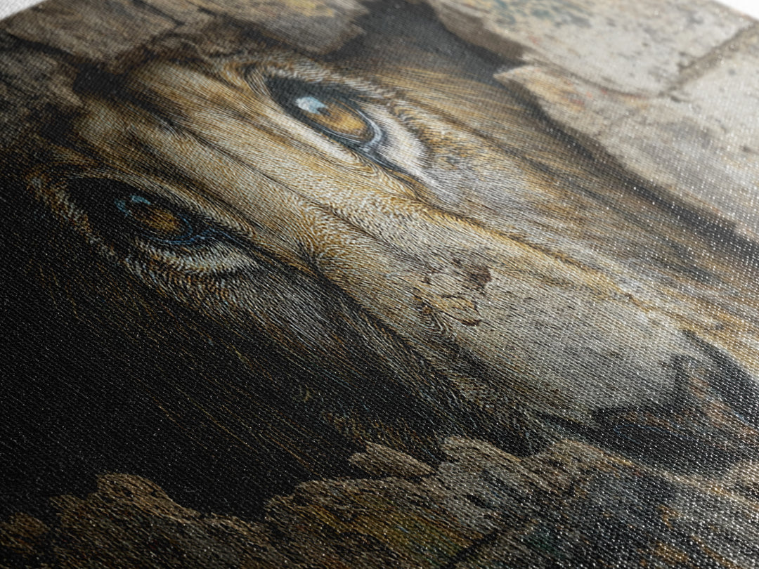 Powerful Lion Peering Through Broken Wall Street Art Canvas Print Bold Wildlife Wall Art For Home Decor And Office Wall Hanging