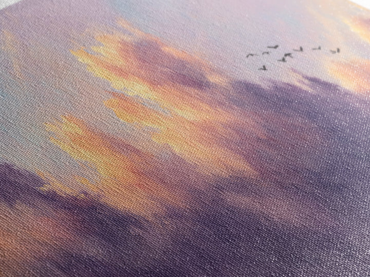 Lavender Sunset Clouds With Flying Birds Wall Art, Pastel Landscape Canvas Print, Calming Bedroom Decor, Living Room Art