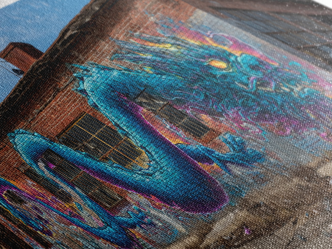 Blue Dragon Graffiti Street Art Wall Art Canvas Print Vibrant Large Urban Wall Decor With Detailed Fantasy Design