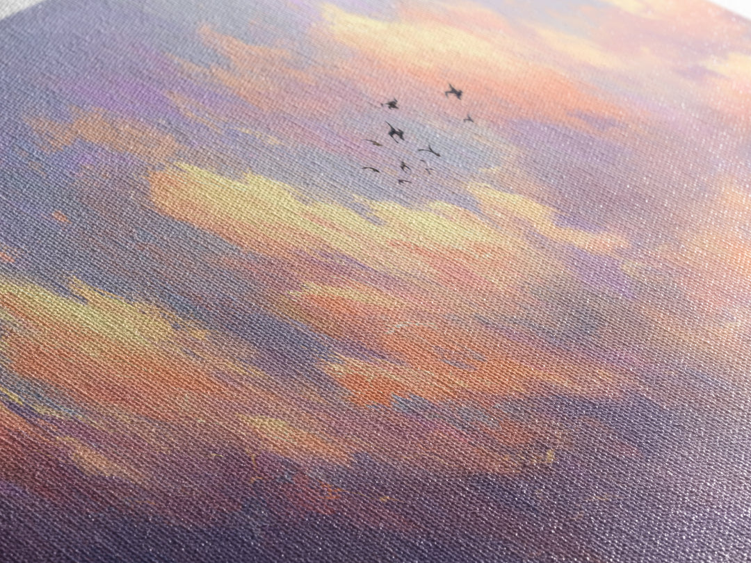 Peach Sunset Clouds With Distant Birds Canvas Print, Soft Pastel Wall Art, Dreamy Landscape Calming Decor, Living Room Wall Art