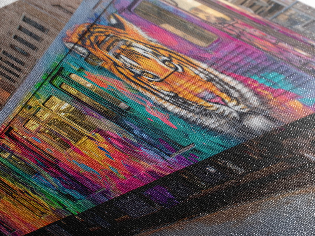 Graffiti Urban Art With Bright Tiger Mural On City Train Vibrant Street Culture Modern Wall Art Canvas Print