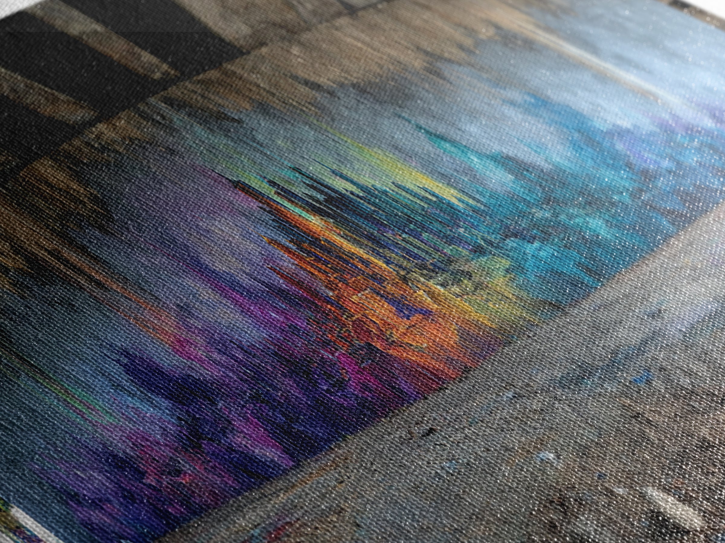 Vibrant Abstract Cityscape Street Art Featuring Colorful Skyline in Purple Blue and Orange Hues Wall Art