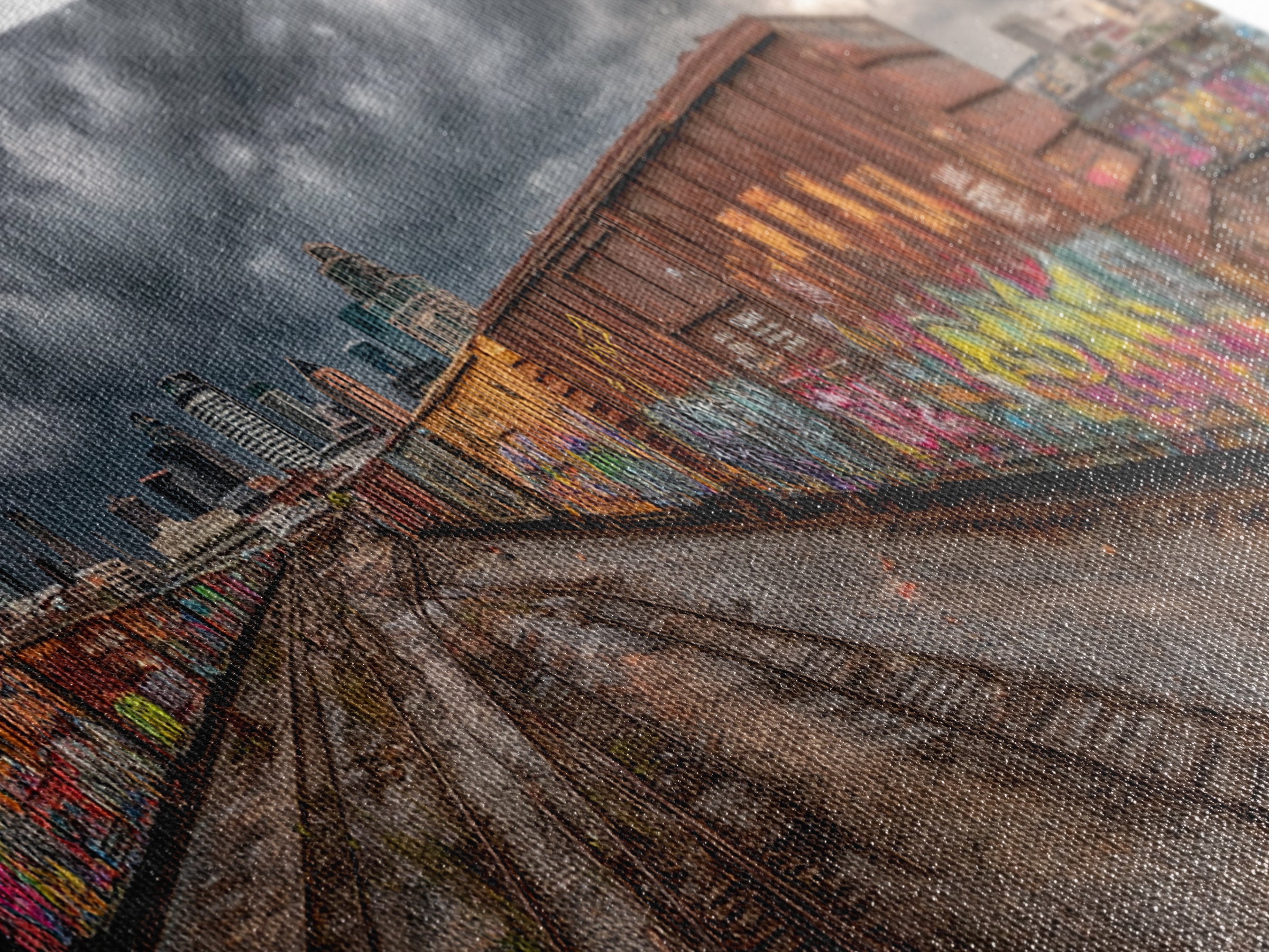 Urban Graffiti Covered Train Yard Under Moody Sky Wall Art Canvas Print For Contemporary Industrial Decor And Street Art