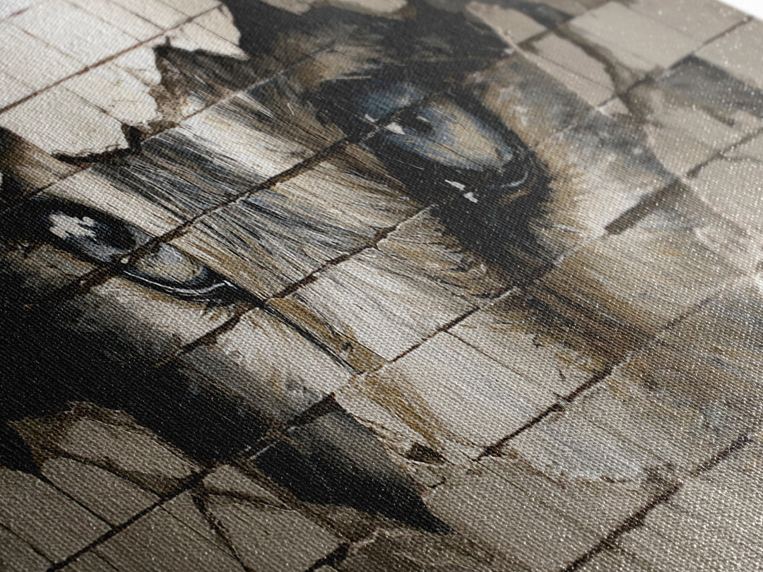 Intriguing Street Art Of Wolf Eyes Peering Through Broken Wall Painted On White Tiles Urban Wall Art Print