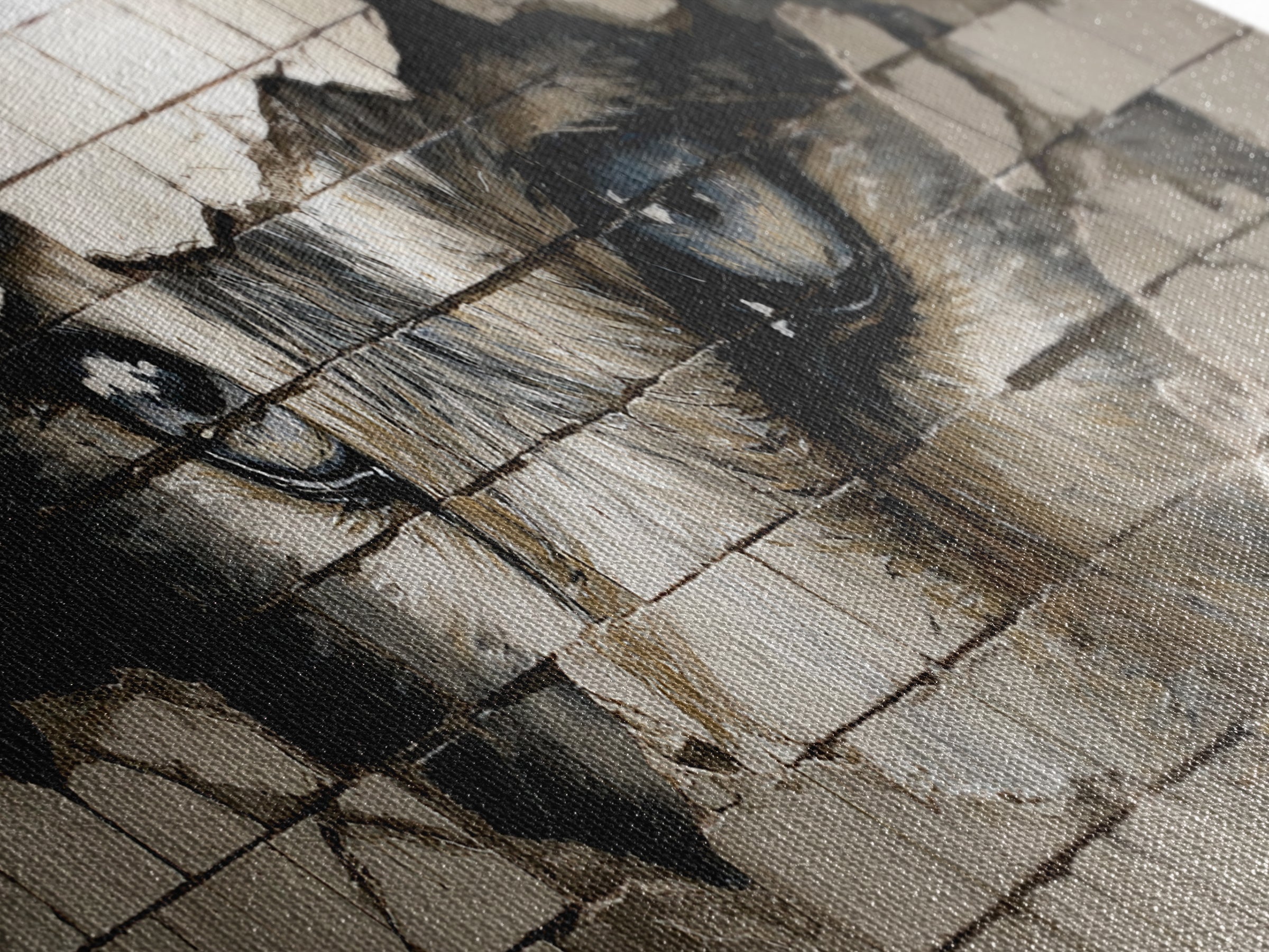 Intriguing Street Art Of Wolf Eyes Peering Through Broken Wall Painted On White Tiles Urban Wall Art Print