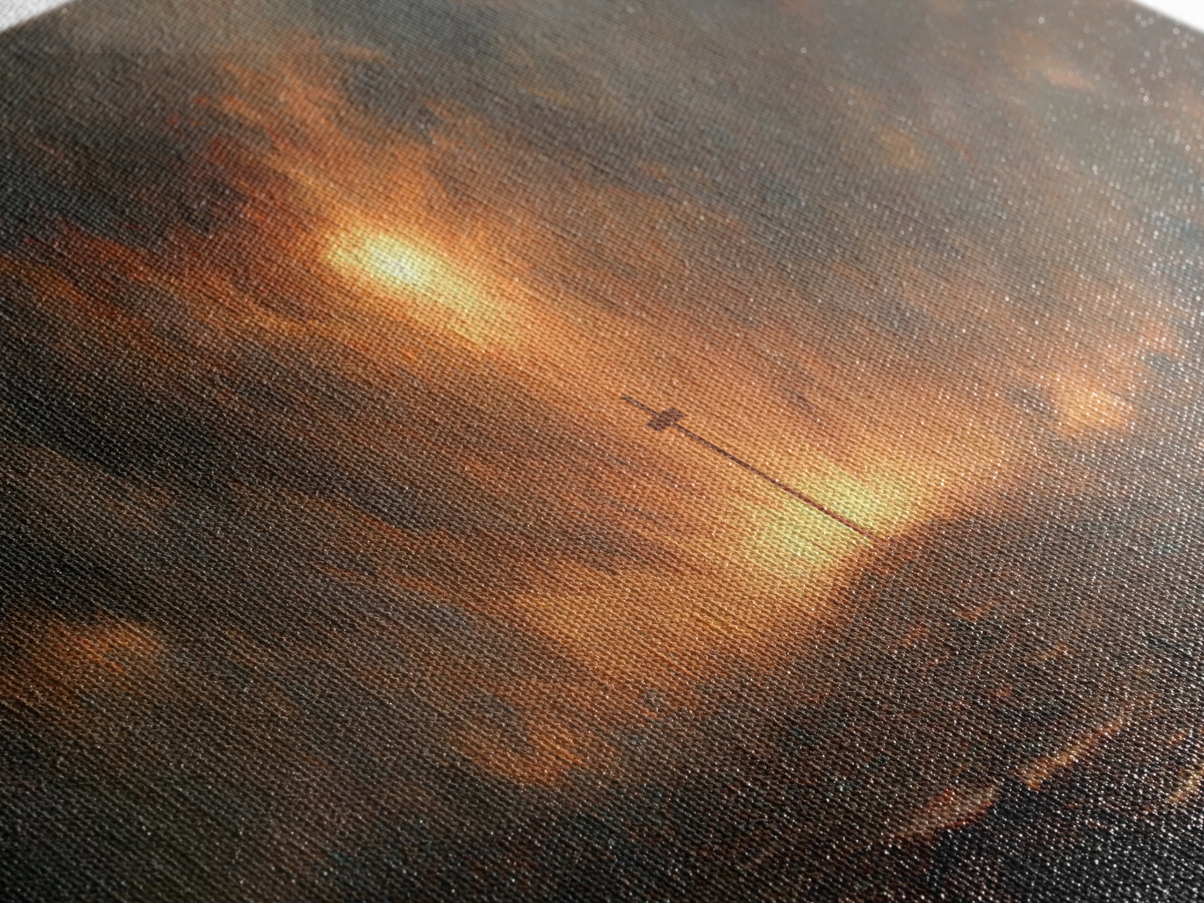 Dramatic Religious Cross Scene In Fiery Sunset Sky Oil Painting Canvas Print For Moody Wall Art And Christian Home Decor