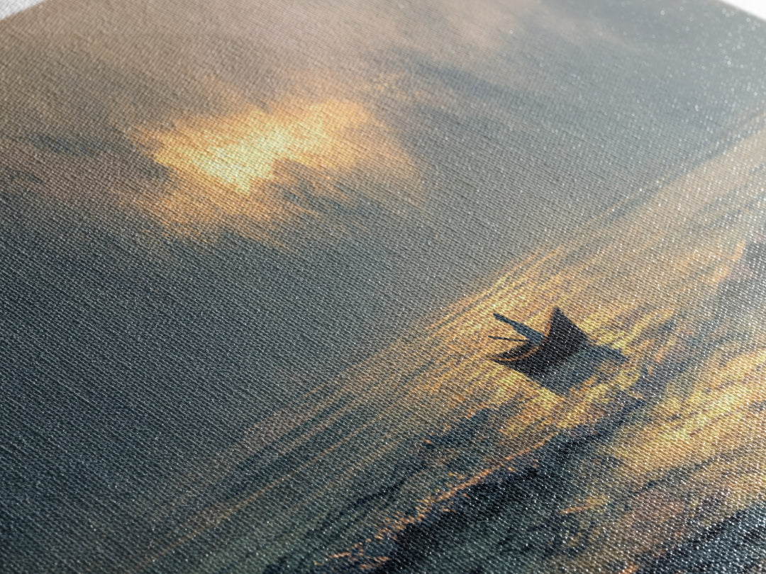 Contemplative Boat At Sea Sunrise Tranquil Ocean Scene Watercolor Style Wall Art Canvas Print Beach Decor