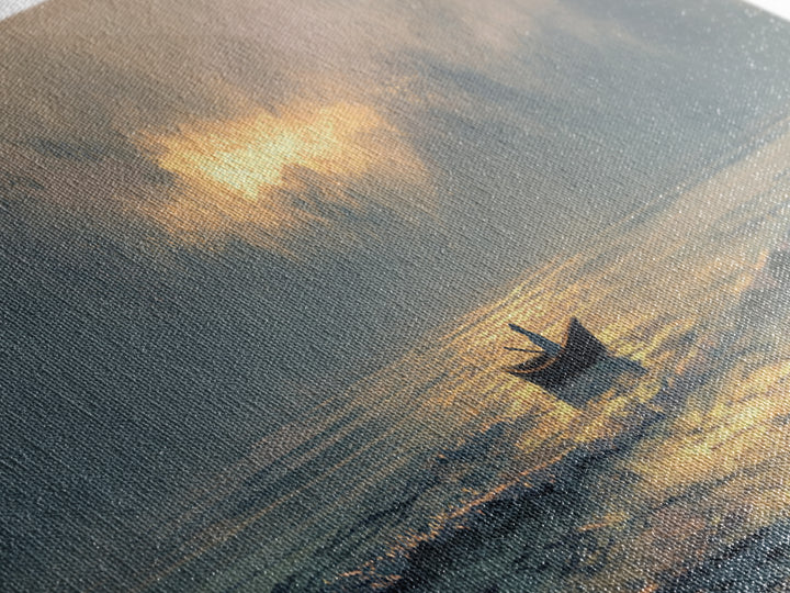 Contemplative Boat At Sea Sunrise Tranquil Ocean Scene Watercolor Style Wall Art Canvas Print Beach Decor