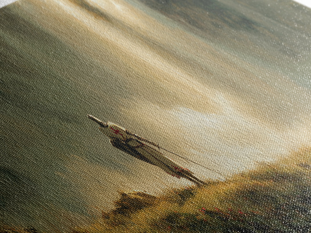 Medieval Knight Standing Near Waterfall Landscape Oil Painting Wall Art Canvas Print For Home Decor
