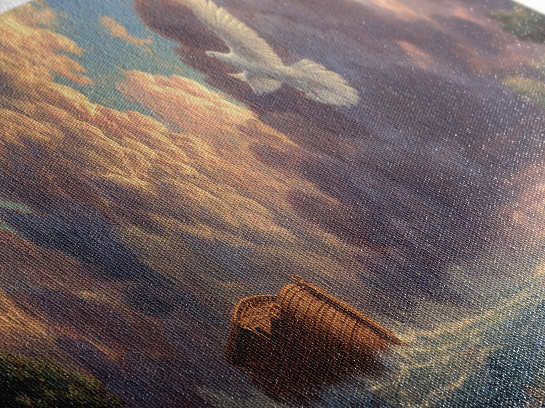Serene Noahs Ark Ocean Landscape With Dove And Dramatic Sky Inspirational Wall Art Framed Canvas Print