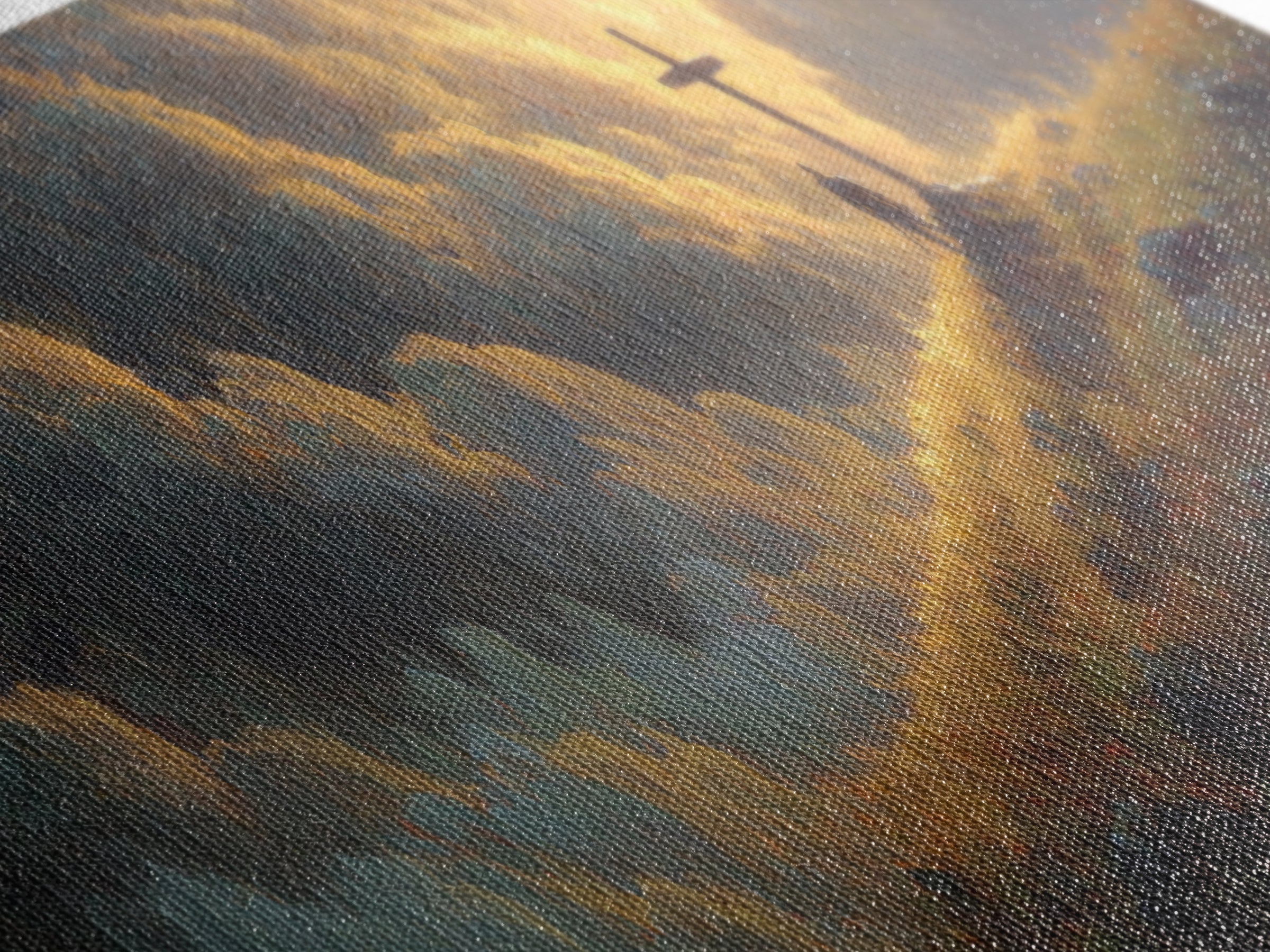 Mystical Knight Near Giant Cross Under Dramatic Sunset Clouds Fantasy Wall Art Canvas Print For Romantic And Spiritual Home Decor
