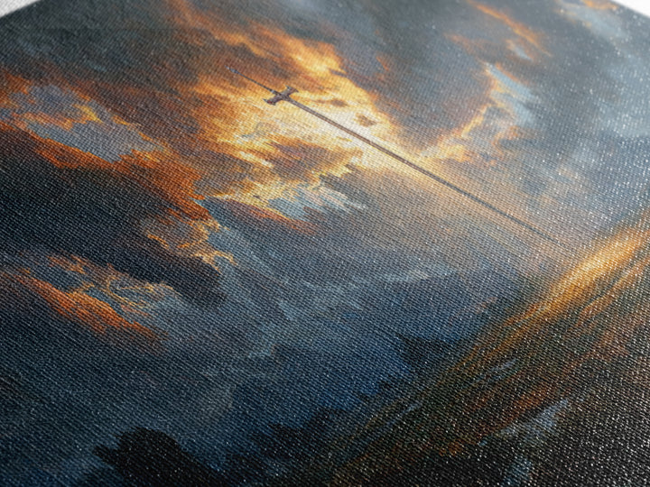 Dramatic Sword Light Rays Landscape Oil Painting Wall Art Framed Canvas Print with Realistic Fantasy Scene for Home and Office