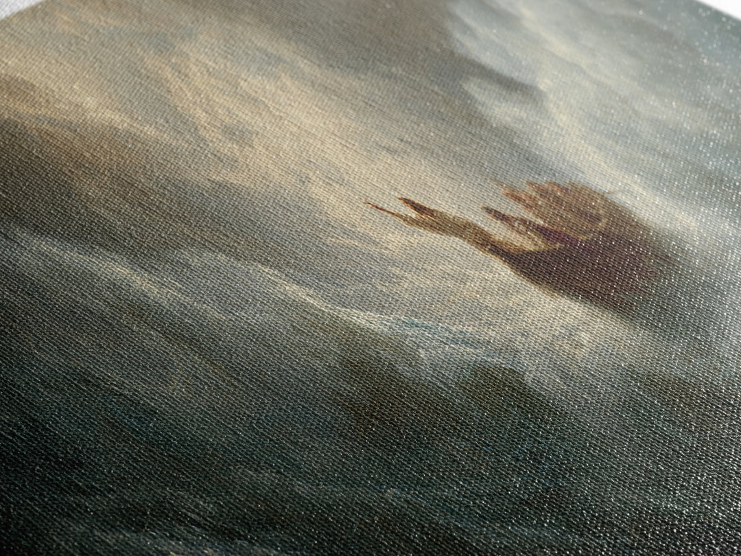 Tiny Boat In Stormy Ocean Waves Wall Art, Dramatic Seascape Painting, Biblical Sea Canvas Print, Moody Coastal Decor Gift