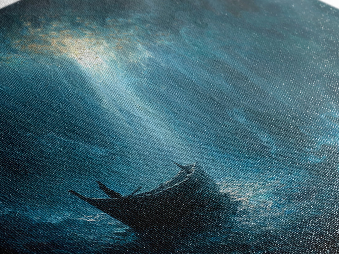 Stormy Seascape With Lone Boat Piercing Light Rays Through Clouds Canvas Print Large Wall Art Home Decor