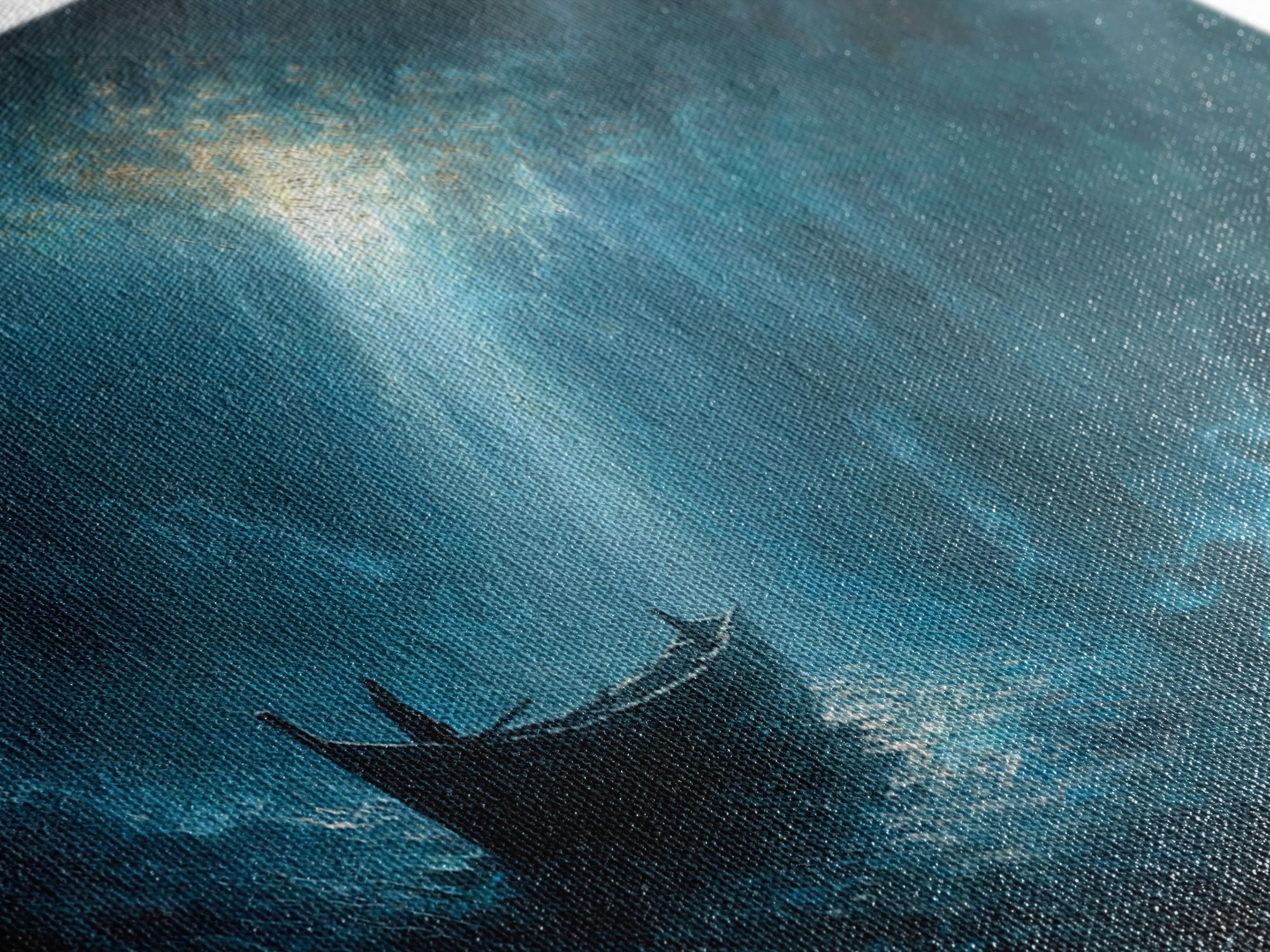Stormy Seascape With Lone Boat Piercing Light Rays Through Clouds Canvas Print Large Wall Art Home Decor